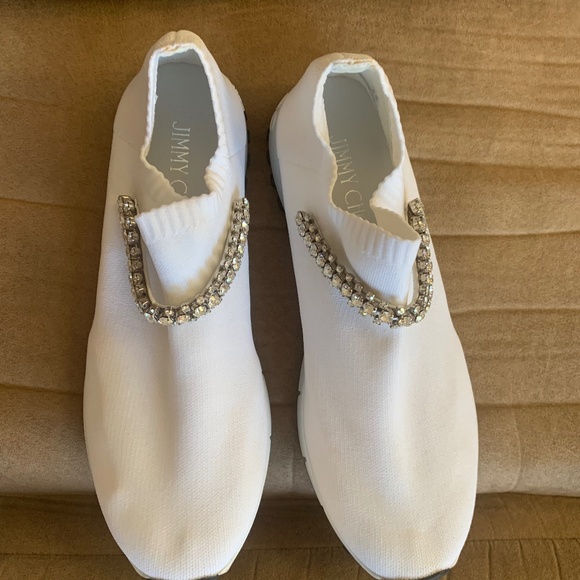 NWOB Jimmy Choo White Embellished Knit Sneakers sz 39